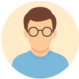 Mann mit Brille und blauer Kleidung, minimalistischer, runder Hintergrund.