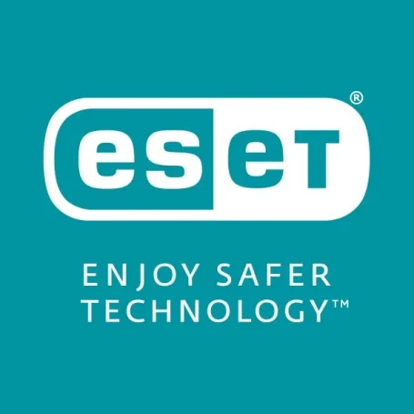 ESET-Logo mit dem Slogan "Enjoy Safer Technology" auf türkisfarbenem Hintergrund.